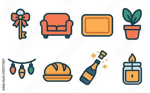 Housewarming flat icons set. new home celebration and decor symbols