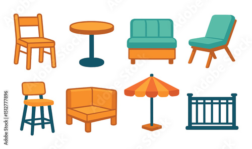 Cafe furniture silhouette icon set. rooftop seating and patio decor symbols