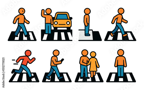 Pedestrian and crosswalk flat icon set. walk and street safety symbols