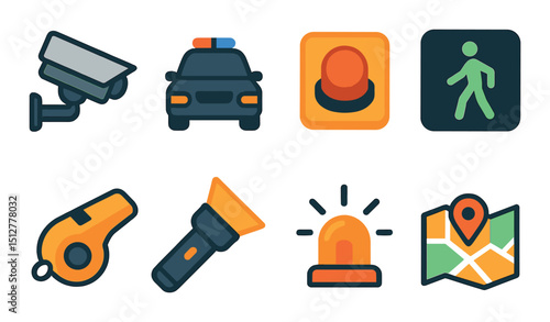 Night safety icon set in flat style. security and protection symbols for urban environments