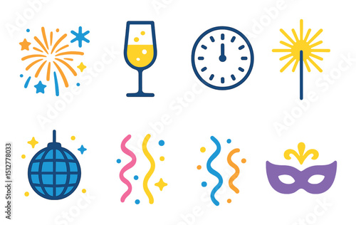 New year celebration icon set in vibrant flat style. festive party symbols