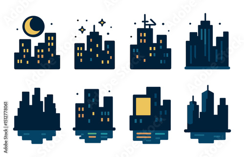 Cityscape silhouette icon set. urban night skyline and skyscraper symbols