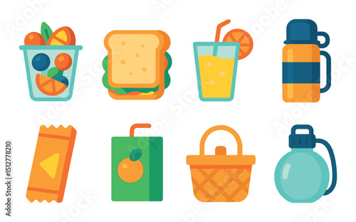 Park snack icon set: flat style food and beverage symbols for picnics and outings