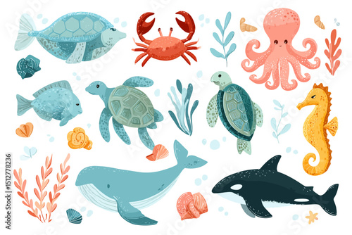 Hand-Drawn Marine Life Set Watercolor Ocean Animals Illustration