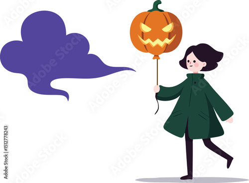 Child holding glowing pumpkin lantern with purple smoke Halloween spooky theme vector illustration 