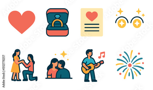 Love confession linear icon set. romantic proposal and engagement symbols