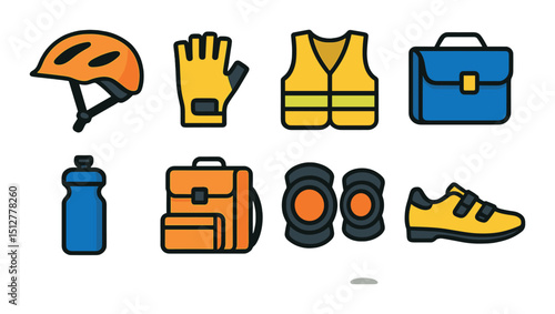 Courier gear essentials flat icon set for delivery, logistics, and transportation