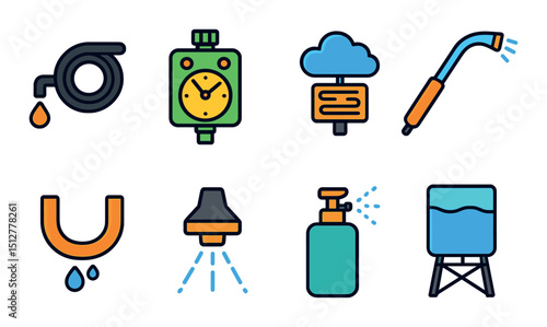 Modern irrigation icon set in linear style. watering and garden maintenance symbols