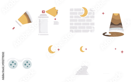 Graffiti and urban night icon set: flat style street art and nocturnal elements