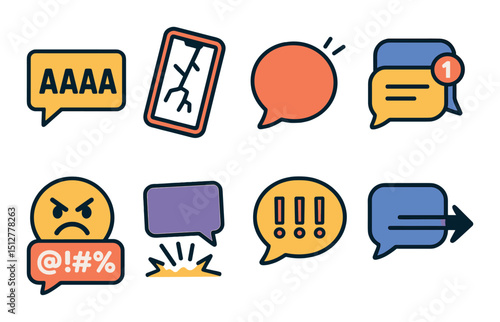 Angry communication flat icon set. expressive and messaging symbols for apps