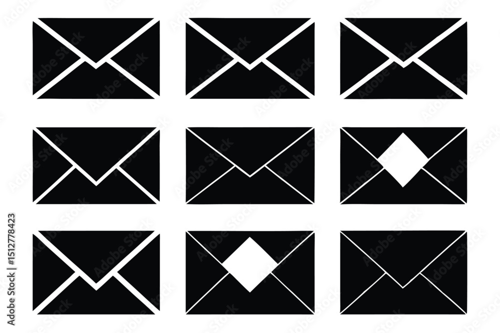 Black and White Envelopes in a Grid Pattern for Communication Black and White Envelopes in a Grid Pattern for Communication
