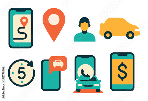Ride hailing icon set in flat style. transportation and taxi service symbols