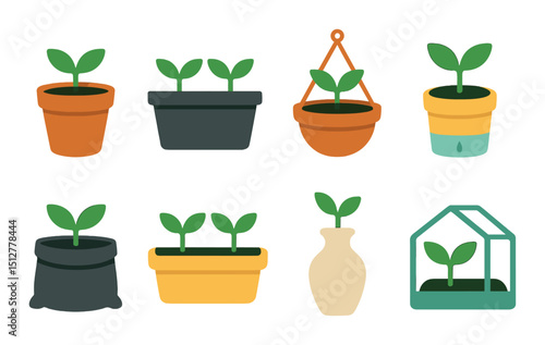 Container gardening flat icon set. urban plant care and home garden essentials
