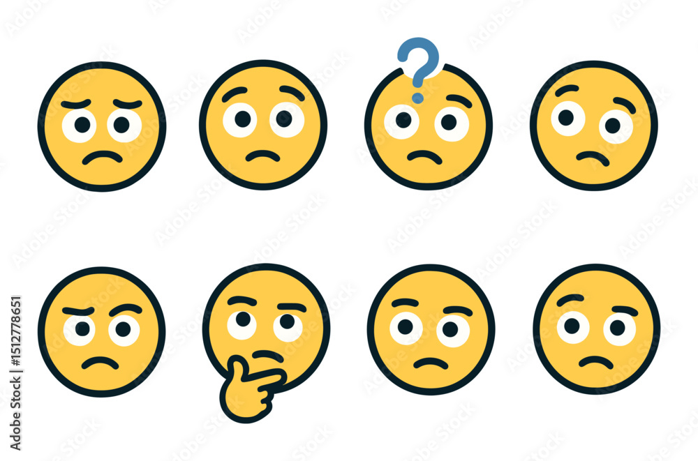 Fototapeta premium Confused expression icon set: flat style emoji, face, mood symbols for design