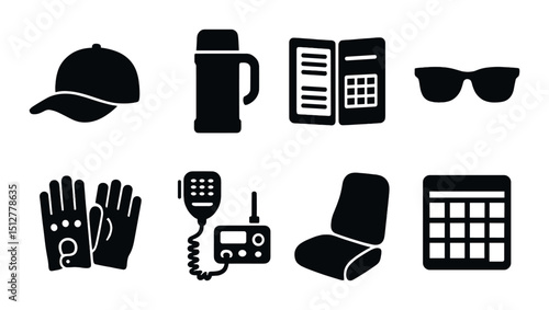 Driver essentials silhouette icon set. transportation and travel toolkit designs