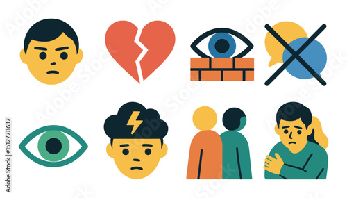 Jealousy icon set: silhouette style with emotion and relationship conflict symbols