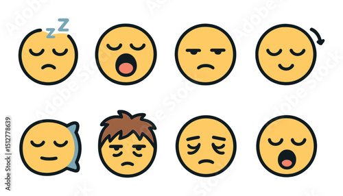 Sleepy and tired expressions icon set in flat style. exhaustion and fatigue symbols