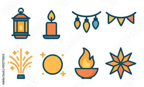 Festival of lights icon set in flat style. celebration and holiday symbols