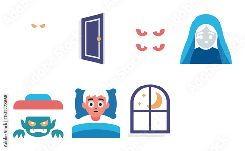 Nighttime fear icon set in flat style. shadows, spooky dreams, eerie night symbols