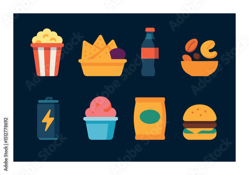 Night snacks flat icon set. food, treats, and munchies symbols