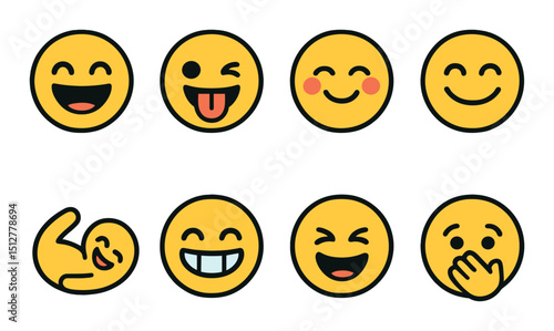 Playful expression icon set: flat smiley faces, joyful emojis, and fun emoticons