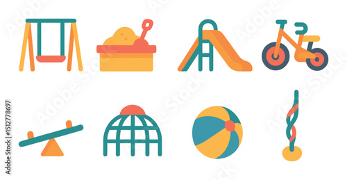 Children's park flat icon set. playground, fun activities symbols