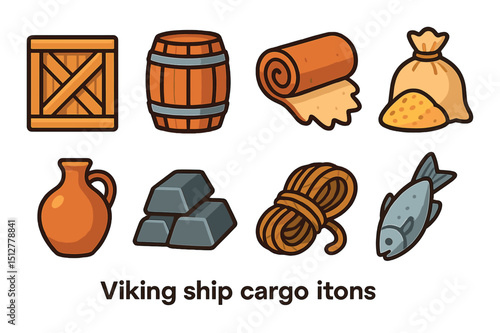 Viking ship cargo icon set in flat style. nautical and historical symbols