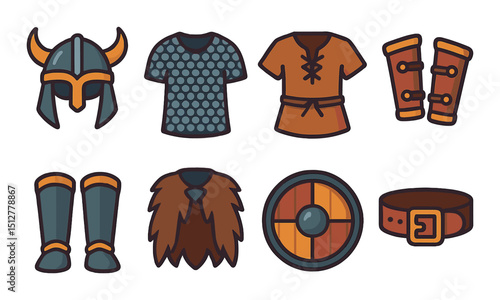 Viking armor icon set in flat style. medieval warrior gear and norse symbols