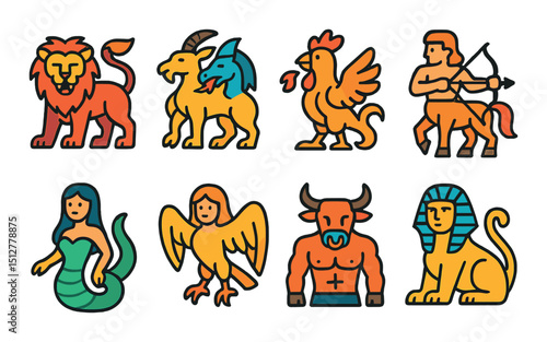 Ancient mythology icon set in flat style. mythical creatures and legendary symbols