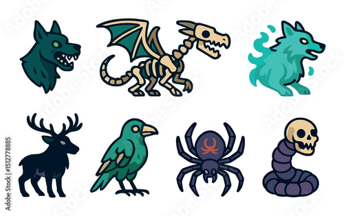 Undead beast icon set in silhouette style. creepy creature and monster symbols