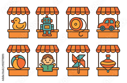 Street toy stalls icon set in flat style. market booth and playful symbols