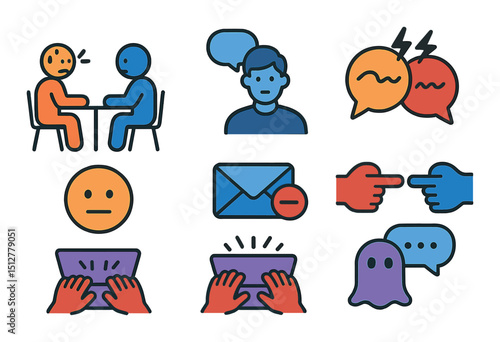 Communication flat icon set. interaction and discussion symbols for digital use