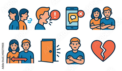 Relationship tension icon set: flat style for conflict and communication themes