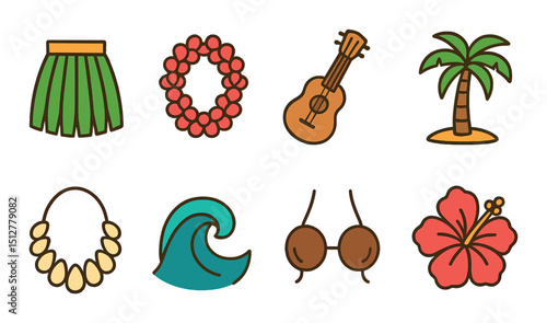 Hula dance flat icon set. hawaiian and tropical celebration symbols