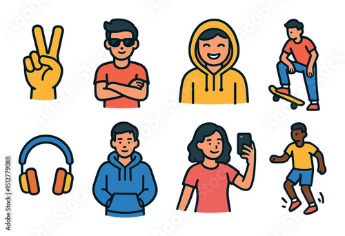 Youth lifestyle flat icon set. trendy and youthful style symbols and graphics