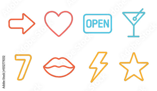 Neon icon set: vibrant symbols in silhouette style. glowing and bright elements