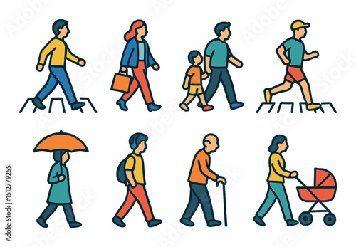 City pedestrian icon set: simple linear style symbols for urban and street design