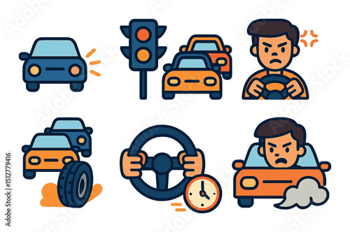 Traffic frustration flat icon set. road rage and congestion symbols