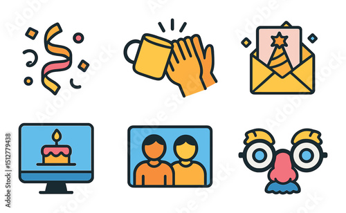 Office party flat icon set. celebration, event symbols for workplaces