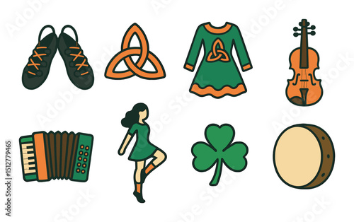 Irish dance flat icon set. celtic, traditional music, and cultural symbols
