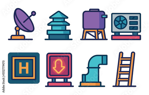 Urban rooftop flat icon set. cityscape and modern architecture symbols