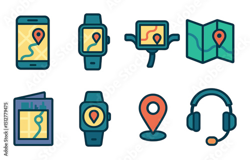 Navigation icon set in flat style. map and gps guide symbols for digital interfaces