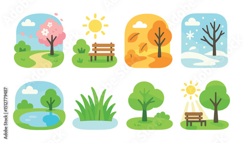 Seasonal park icon set. simple flat style nature and weather symbols