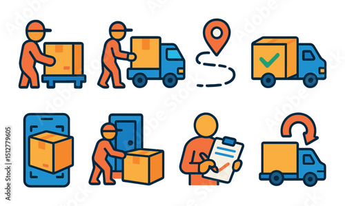 Delivery process flat icon set. shipping and logistics symbols for transport