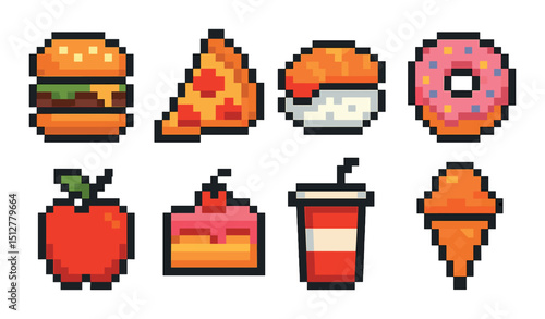 Pixel food icon set in flat style. delicious meal and snack pixel art symbols