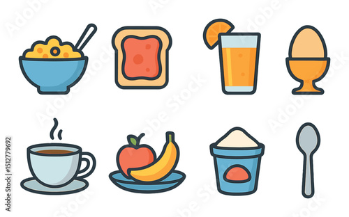 Healthy breakfast flat icon set: nutrition symbols and morning meal designs