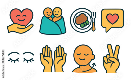 Compassionate care icon set: flat style healthcare, wellbeing, and empathy symbols