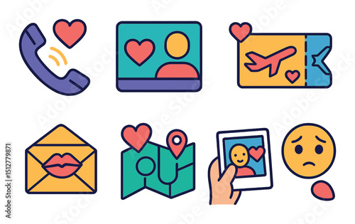 Long distance love icon set in linear style. relationship and romantic communication symbols