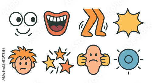 Cartoon humor icon set in simple linear style. comedic and playful symbols
