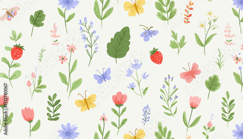 Vintage Spring Floral Pattern � Hand-Drawn Wildflowers, Strawberries and Butterflies for Romantic Textile and Wallpaper Designs